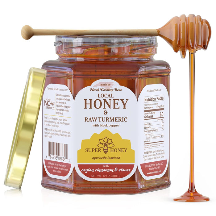 "It's not just honey; it's a flavor experience that takes your taste buds on a journey." SUPER HONEY - North Carolina Turmeric Honey with Ceylon Cinnamon, Clove & Black Pepper - APPLE PIE HONEY