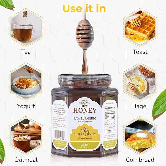 ⭐⭐⭐⭐⭐"The subtle warmth of ginger complements the earthy richness of turmeric" Super Honey - Turmeric Ginger Honey with Black Pepper Ayurveda Inspired Virginia Honey