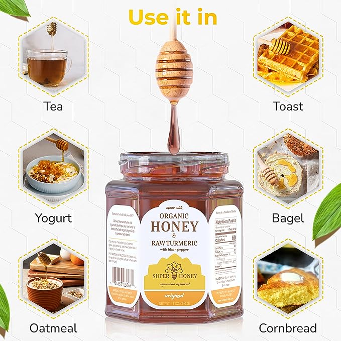 SUPER HONEY - Eucalyptus Indian Turmeric Honey with Black Pepper - Made with Certified Organic Honey - Ayurveda Inspired Pure Honey
