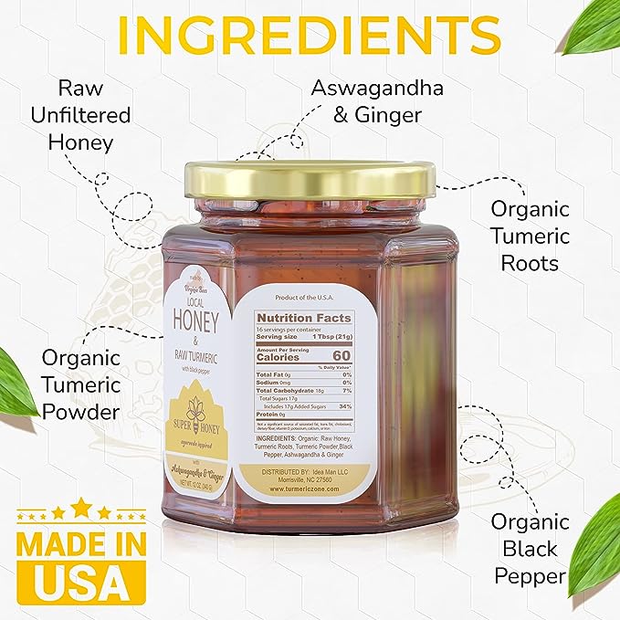 SUPER HONEY - Virginia Turmeric Ashwagandha & Ginger Honey with Black Pepper -  Ayurveda Inspired Pure Honey