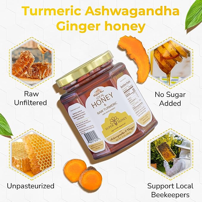 SUPER HONEY - Virginia Turmeric Ashwagandha & Ginger Honey with Black Pepper -  Ayurveda Inspired Pure Honey