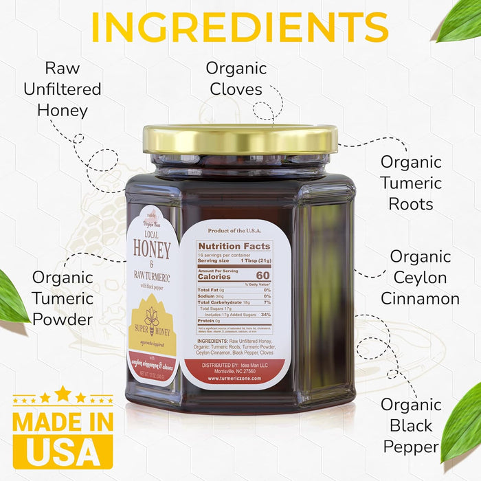 SUPER HONEY - Virginia Turmeric Honey with Ceylon Cinnamon, Clove & Black Pepper - Ayurveda Inspired Pure Honey