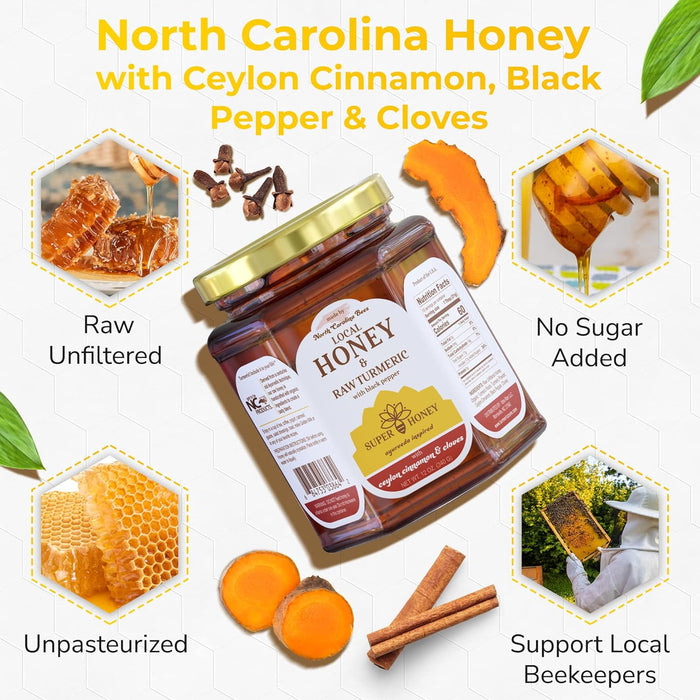 "It's not just honey; it's a flavor experience that takes your taste buds on a journey." SUPER HONEY - North Carolina Turmeric Honey with Ceylon Cinnamon, Clove & Black Pepper - APPLE PIE HONEY