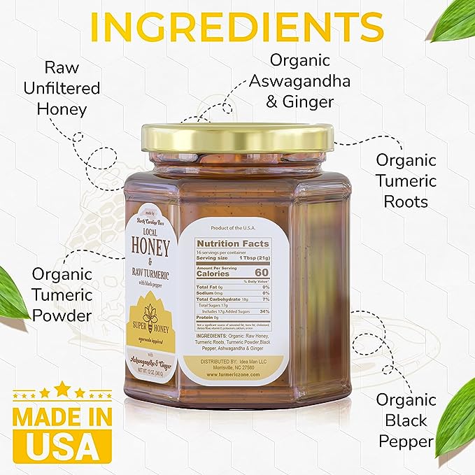SUPER HONEY - North Carolina Turmeric Ashwagandha & Ginger Honey with Black Pepper -  Ayurveda Inspired Pure Honey