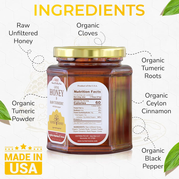 "It's not just honey; it's a flavor experience that takes your taste buds on a journey." SUPER HONEY - North Carolina Turmeric Honey with Ceylon Cinnamon, Clove & Black Pepper - APPLE PIE HONEY