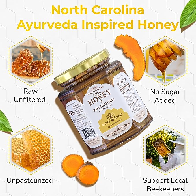 SUPER HONEY - North Carolina Turmeric Ashwagandha & Ginger Honey with Black Pepper -  Ayurveda Inspired Pure Honey