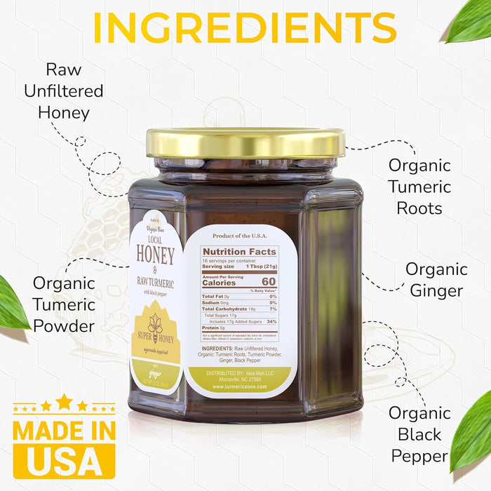 ⭐⭐⭐⭐⭐"The subtle warmth of ginger complements the earthy richness of turmeric" Super Honey - Turmeric Ginger Honey with Black Pepper Ayurveda Inspired Virginia Honey