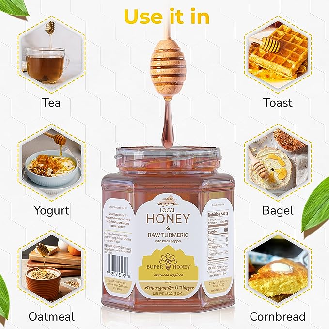 SUPER HONEY - Virginia Turmeric Ashwagandha & Ginger Honey with Black Pepper -  Ayurveda Inspired Pure Honey