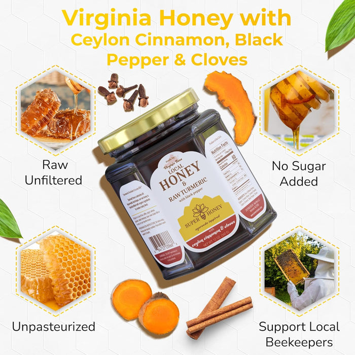 SUPER HONEY - Virginia Turmeric Honey with Ceylon Cinnamon, Clove & Black Pepper - Ayurveda Inspired Pure Honey