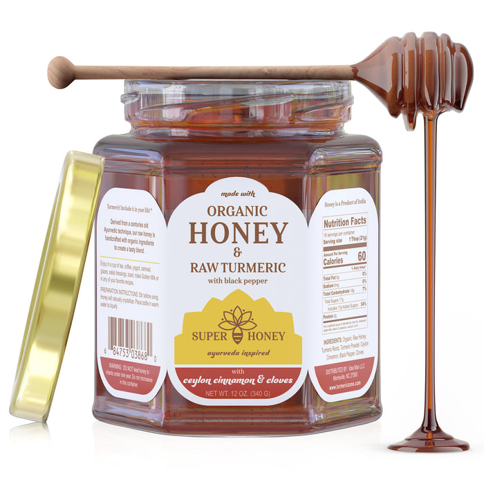 SUPER HONEY - Eucalyptus Indian Turmeric Honey with Ceylon Cinnamon, Clove & Black Pepper - Ayurveda Inspired Pure Honey