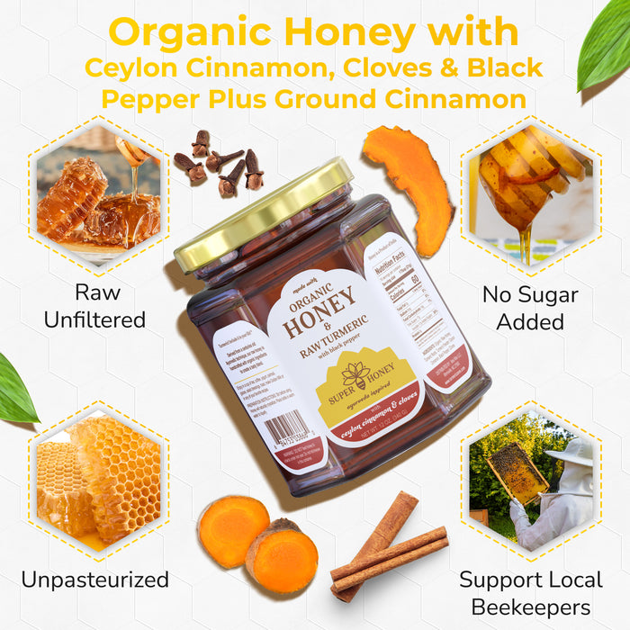 SUPER HONEY - Eucalyptus Indian Turmeric Honey with Ceylon Cinnamon, Clove & Black Pepper - Ayurveda Inspired Pure Honey