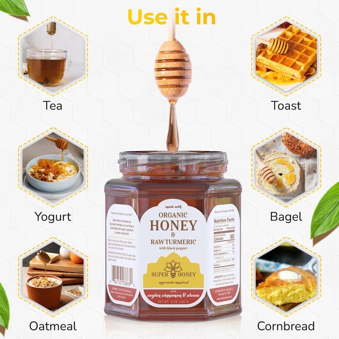 SUPER HONEY - Eucalyptus Indian Turmeric Honey with Ceylon Cinnamon, Clove & Black Pepper - Ayurveda Inspired Pure Honey