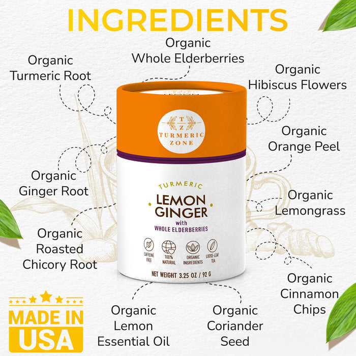 Turmeric Zone - Organic Turmeric Lemon Ginger with Elderberry Tea - 3.25 oz