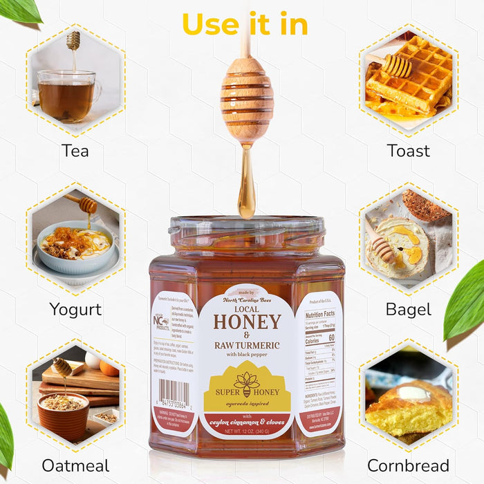 "It's not just honey; it's a flavor experience that takes your taste buds on a journey." SUPER HONEY - North Carolina Turmeric Honey with Ceylon Cinnamon, Clove & Black Pepper - APPLE PIE HONEY