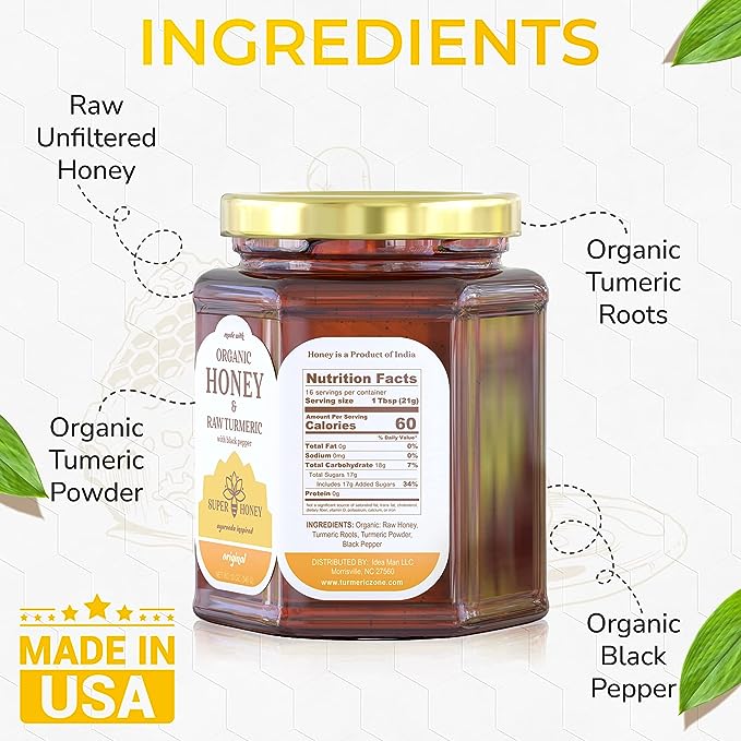 SUPER HONEY - Eucalyptus Indian Turmeric Honey with Black Pepper - Made with Certified Organic Honey - Ayurveda Inspired Pure Honey
