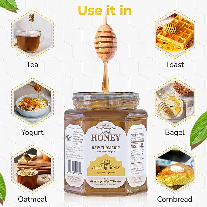 SUPER HONEY - North Carolina Turmeric Ashwagandha & Ginger Honey with Black Pepper -  Ayurveda Inspired Pure Honey