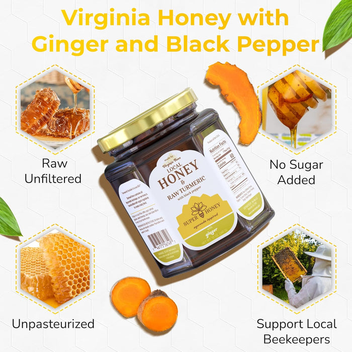 ⭐⭐⭐⭐⭐"The subtle warmth of ginger complements the earthy richness of turmeric" Super Honey - Turmeric Ginger Honey with Black Pepper Ayurveda Inspired Virginia Honey