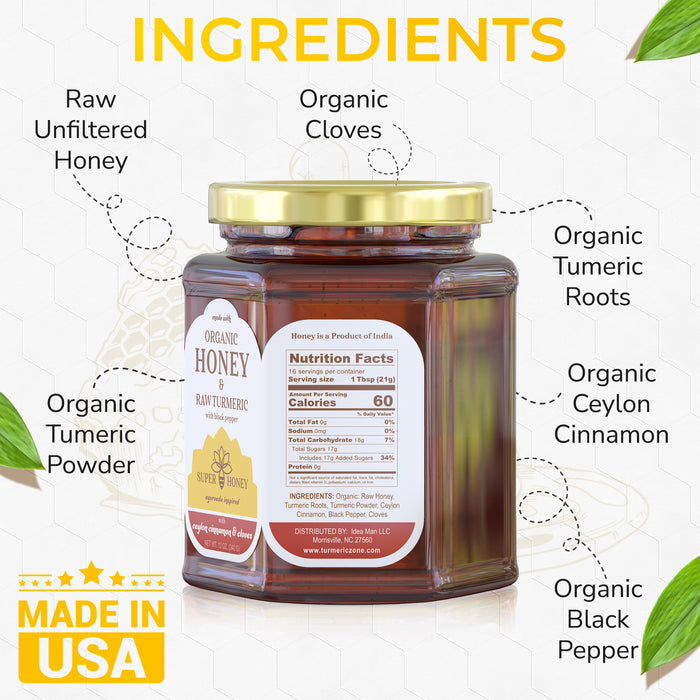 SUPER HONEY - Eucalyptus Indian Turmeric Honey with Ceylon Cinnamon, Clove & Black Pepper - Ayurveda Inspired Pure Honey